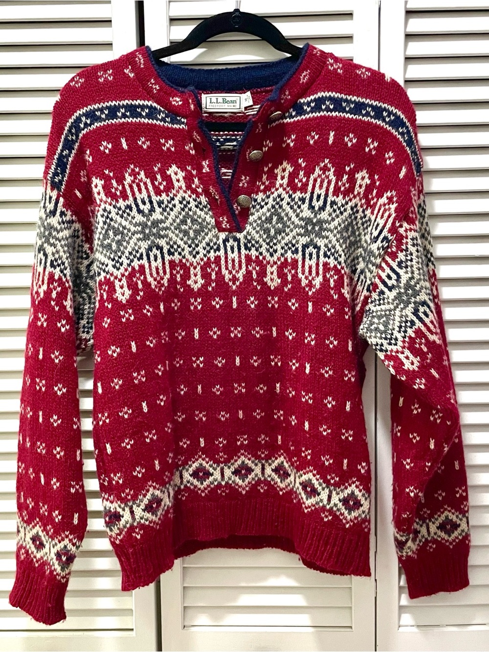 L.L. Bean Red Fair Isle Henley Sweater